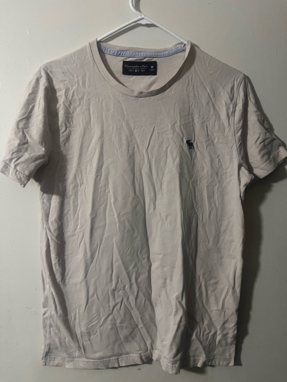 Abercrombie & Fitch Men's Crew Neck Tee in Light Beige with Navy Logo